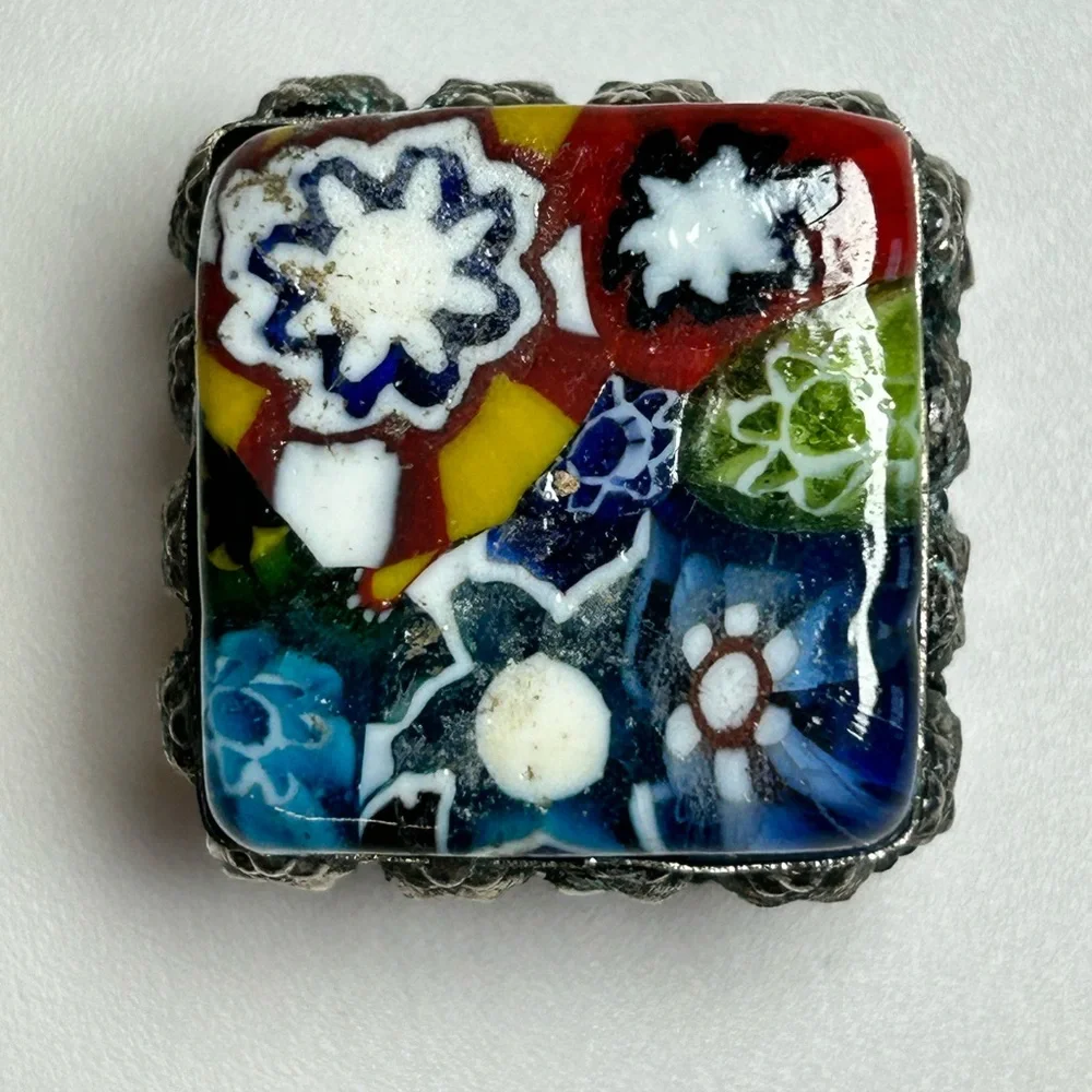 Vintage Murano Style Millefiori Inlaid Silver Box Trinket Pills Ring Art Glass